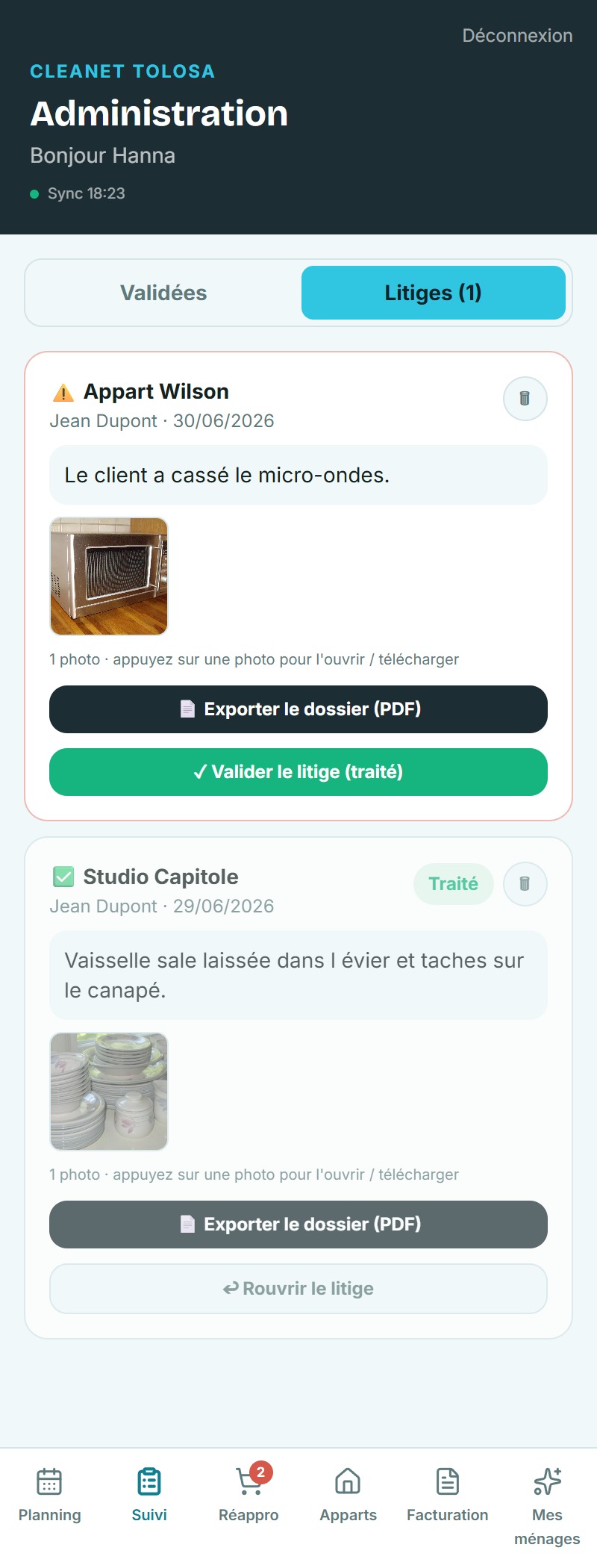 Écran constat photo et vidéo de l'application Cleanet Tolosa