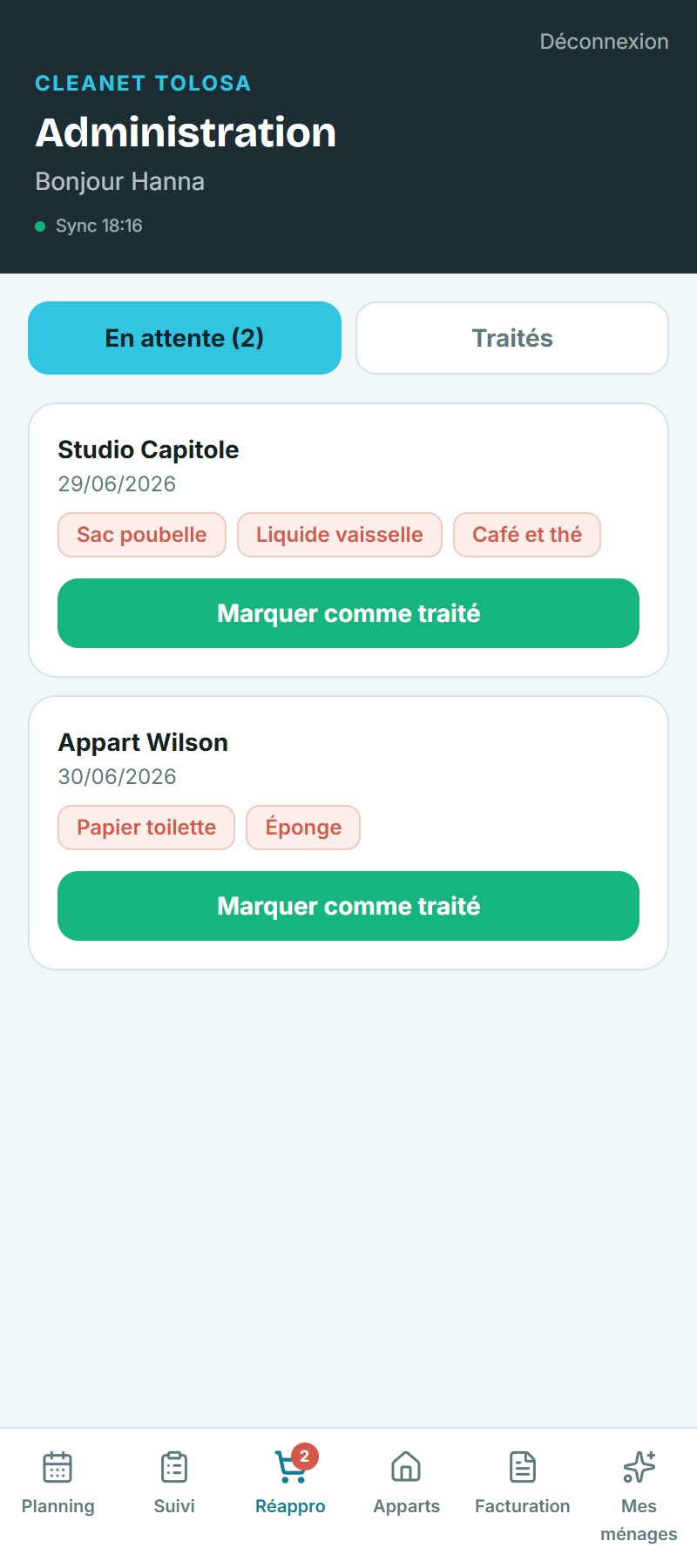 Écran suivi des stocks de l'application Cleanet Tolosa