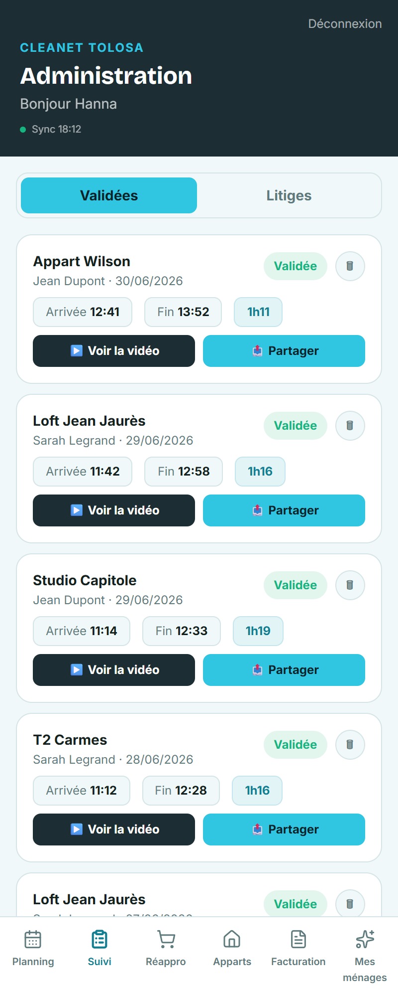 Écran suivi d'appartement de l'application Cleanet Tolosa